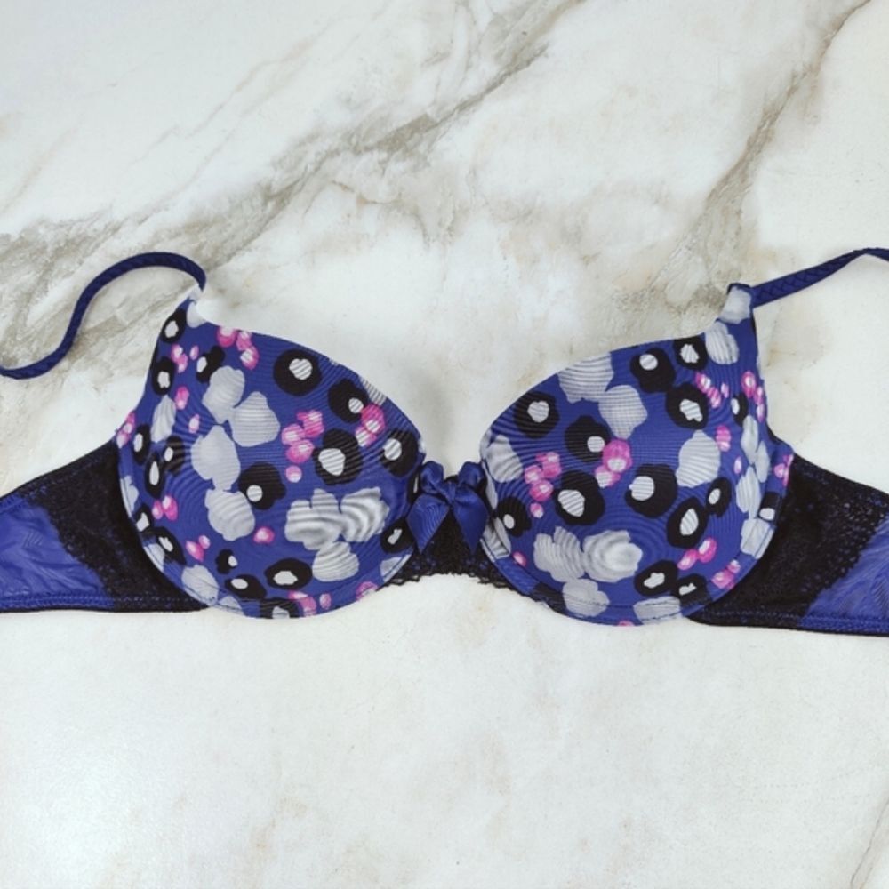 DKNY Blue Pink Black Floral Lace Light Lift Push Up Underwire Bra, Sz 34B
